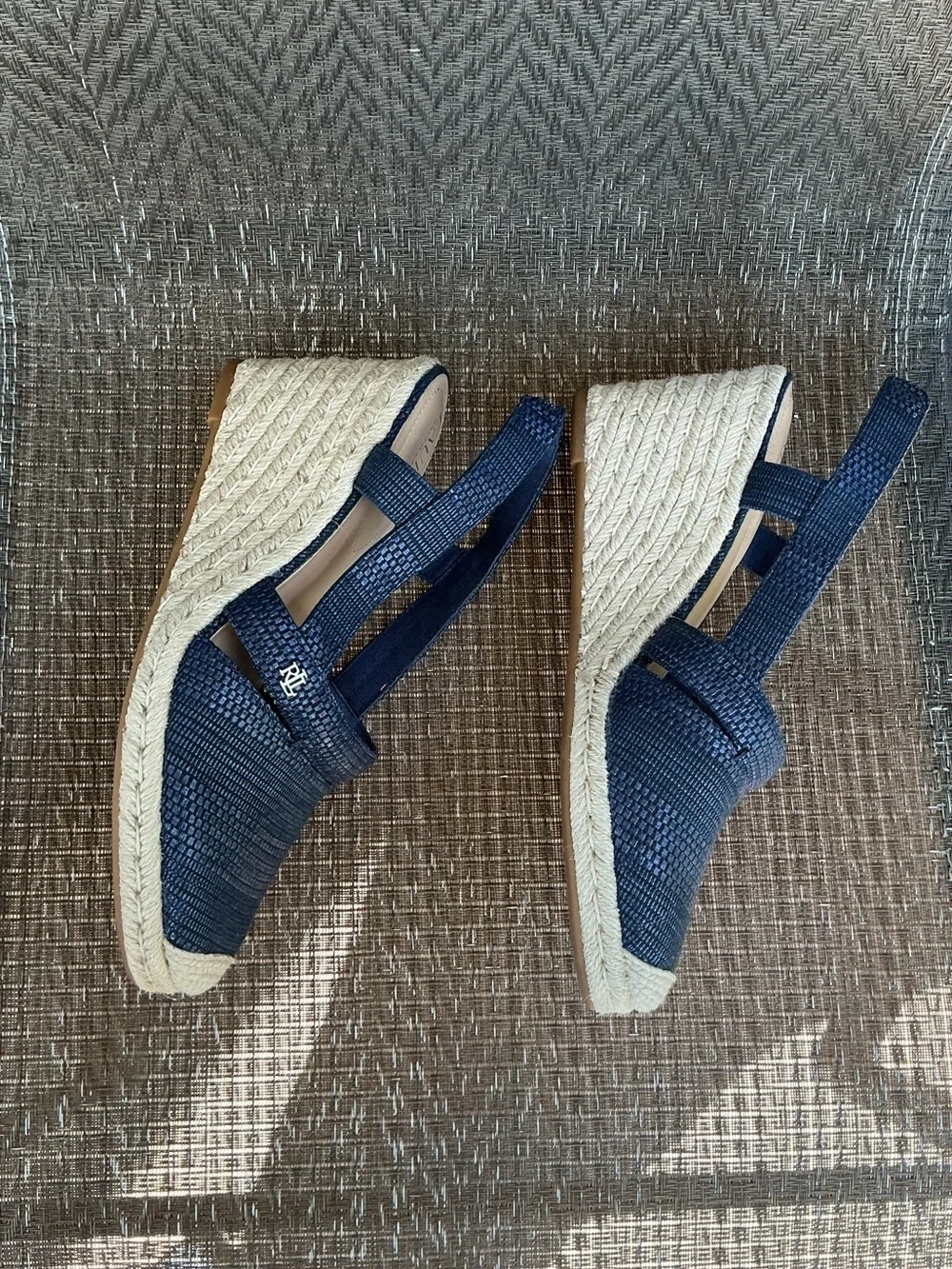 Lauren Ralph Lauren PENELOPE Navy Blue Woven Espadrille Wedge Slingback